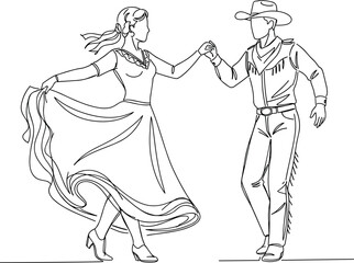 Vintage Cowboy and Cowgirl Dancing, Western Style Couple Illustration, Black and White Art