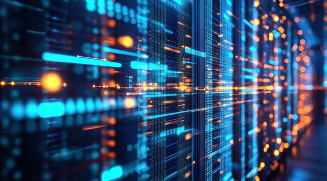 Digital Realm: a dynamic visualization showcasing an immersive and complex data center environment with servers and data streams, symbolizing the essence of technological advancement.