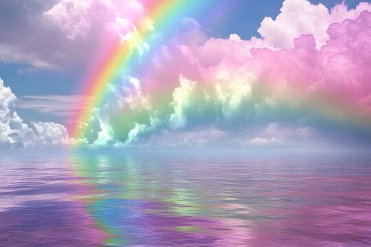 a rainbow is in the sky over the water - Powered by Adobe
