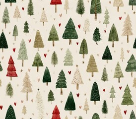 Festive Christmas Tree Pattern with Red Hearts and Gold Stars on Vintage Style Background