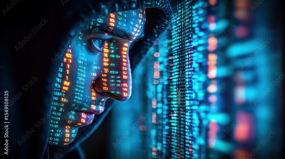 Aufkleber Close-up of a futuristic humanoid robot face with glowing digital data streams