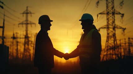 Obraz na płótnie Canvas Two silhouetted workers shaking hands at sunset with power lines and towers in background