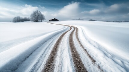 A picturesque winter scene featuring a quaint house surrounded by snow-covered hills, with winding paths leading through the tranquil and serene winter wonderland.