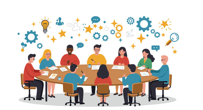 Collaborative team meeting in creative office environment for business strategy vector illustration