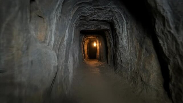 Dimly Lit Underground Tunnel with Rock Walls and Glowing Lantern in a Mining Environment