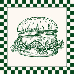 Burger outline sketch illustration drawing in engraving style. Hamburger, burger, fast food hand-drawn vector clipart isolated