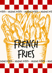 Poster design of french fries, potato chips, fried potato slices. Sketch outline drawing illustration in engraving style. Fast food hand drawn vector clipart isolated
