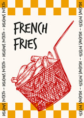 Poster design - french fries in a deep fryer. Fast food hand drawn sketch drawing. Potato chips, fried slices outline drawing illustration in engraving style. Vector clipart isolated