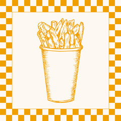 French fries in paper cup sketch drawing illustration. Potato chips, fried slices outline drawing, fast food hand-drawn vector clipart in engraving style isolated