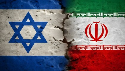 Tensions between Israel and Iran represented through national flags and symbolic elements on a cracked surface Generative AI