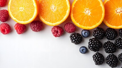 Vibrant mix of fresh raspberries, blackberries, blueberries, and orange slices arranged attractively on a white backdrop.