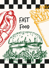 Fast food poster design. Hand drawn sketch illustrations with typography text. Hot dog, burger, french fries in engraving style, outline vector clipart isolated