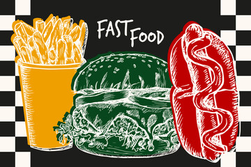 Fast food poster design with sketch illustrations and typography text. Hot dog, burger, french fries in engraving style, outline vector hand drawn clipart isolated