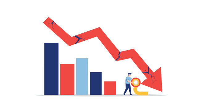 Economic decline concept with cracked arrow and bar graph illustration for financial analysis vector illustration