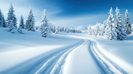 A serene winter landscape featuring snow-covered ground and majestic pine trees under a bright blue sky, creating a peaceful and calming atmosphere.