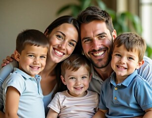 In a warm and inviting living room, a happy family gathers together, showcasing their love and connection through bright smiles and playful poses Generative AI