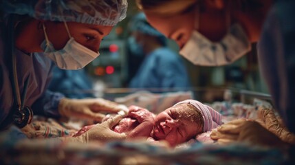 Medical team delive a newborn baby in operating room du childbirth procedure