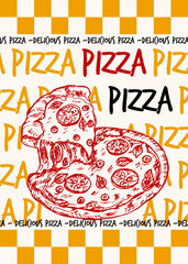 Poster design - slice of pizza with melting cheese.  Sketch outline drawing illustration in engraving style, fast food hand drawn vector clipart isolated