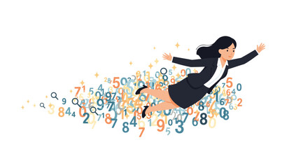Businesswoman flying with numbers concept for success and achievement in business analysis vector illustration