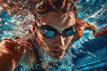Young female swimmer with goggles swimming underwater in pool du training session