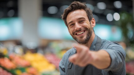 Fototapeta premium Friendly young man smiling and pointing while shopping in a grocery store produce section