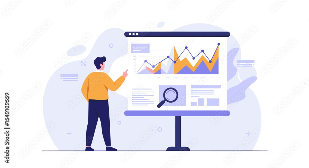Aufkleber data analysis concept with businessman examining graphs on presentation screen for analytics and str