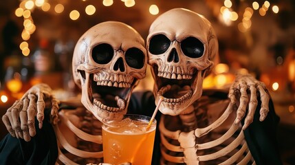 Playfully themed skeletons sharing a drink in a party atmosphere, exuding humor and a fun twist on traditional celebrations, representing joy and companionship in a quirky manner.