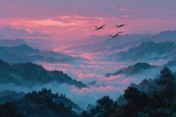 Naklejka premium Misty mountain range at sunrise with soaring creatures.
