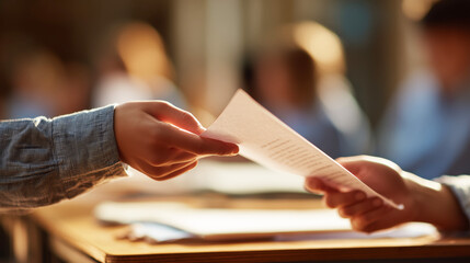 Obraz premium Close-up of teacher handing out assignment paper to student in classroom, warm natural light, real school interaction moment, first week of school, authentic education setting