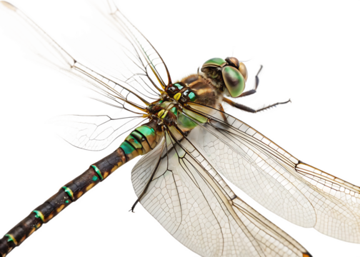 -top-side-closeup-macro-view-of-beautiful-dragonfl.-isolated on white background, ai generated