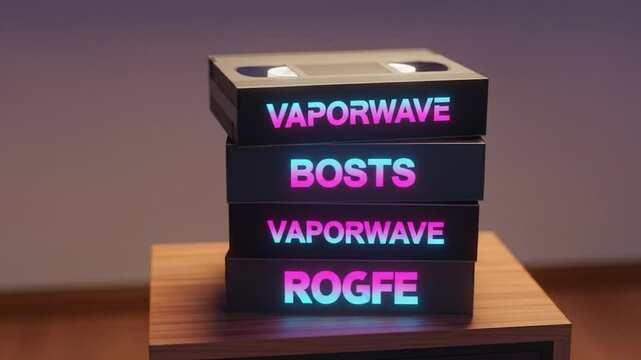 Retro VHS Tapes Stack Neon Vaporwave Titles Animation