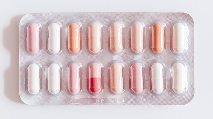 An engaging close-up of a medication blister pack with pills displayed prominently in their compartments, capturing intricate details of each tablet. The minimalist background ensures a professional