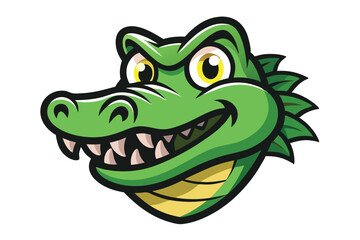 Cartoon green alligator head shows sharp teeth with yellow eyes in format