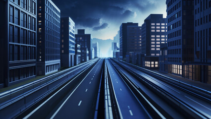 A stylized cityscape with roadways and buildings under a dramatic blue sky representing urban infrastructure