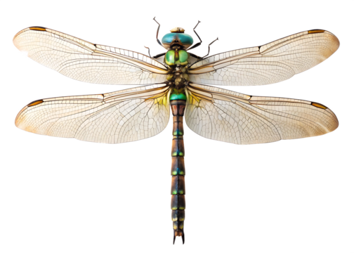 -top-side-closeup-macro-view-of-beautiful-dragonfl.-isolated on white background, ai generated