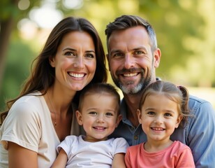 A happy family, consisting of parents and two young children, enjoys a sunny day in a vibrant park surrounded by nature, capturing a moment of togetherness and joy Generative AI