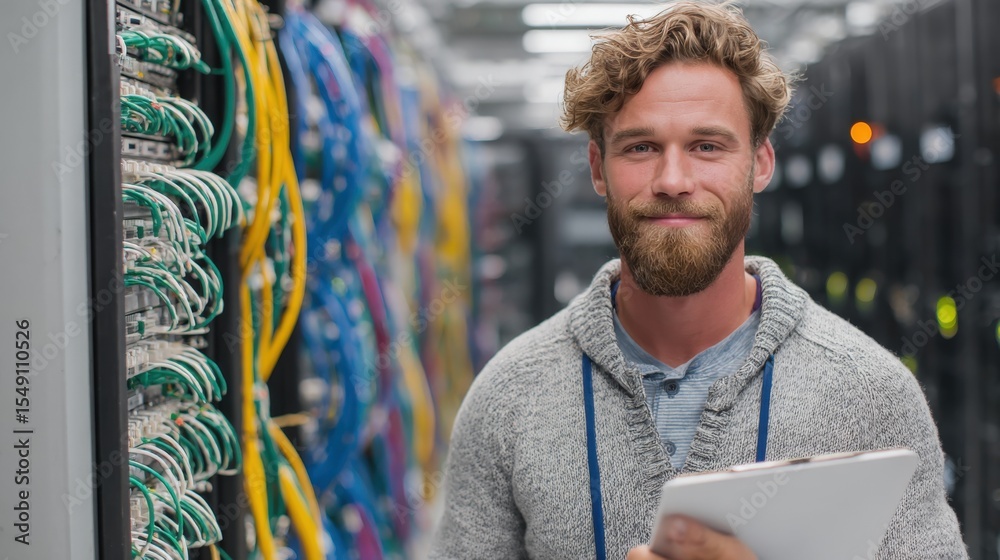 Poster Male technician working with server racks and network cables in data center
