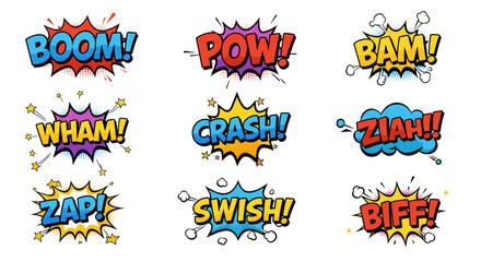 Comic book action sound effects vector illustration for graphic design and pop art projects