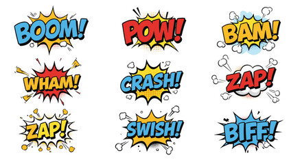 Comic book style sound effects collection for creative design projects vector illustration