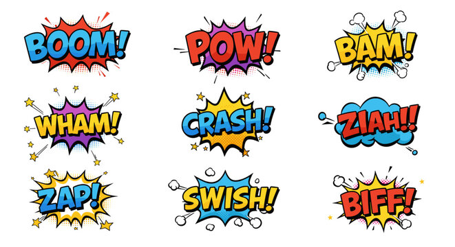 Comic book action sound effects vector illustration for graphic design and pop art projects