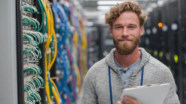 Male technician working with server racks and network cables in data center