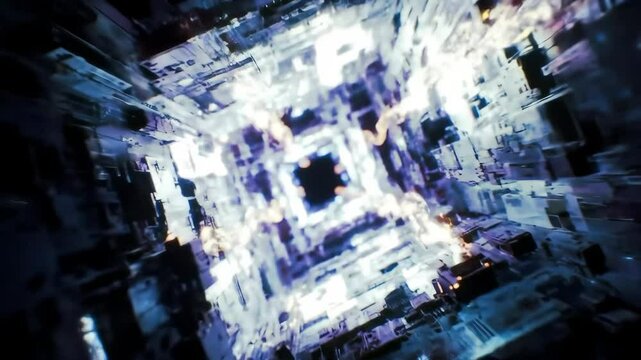 Post-quantum computation block with glowing filaments and shifting layers