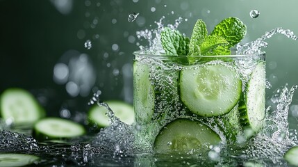 An inviting image of fresh mint and cucumber slices splashing into a glass of water, illustrating the refreshing essence of summer drinks and promoting a healthy lifestyle.