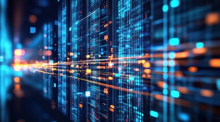 Obraz premium Digital Fortress: A dynamic depiction of data and technological innovation. Data streams and intricate circuit boards create a futuristic and abstract atmosphere.