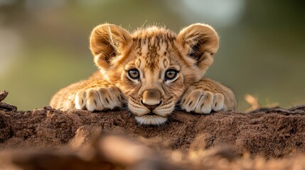 A playful lion cub with striking blue eyes rests atop a log, capturing the innocence and curiosity of youth in the wild, showcasing the beauty of African wildlife.