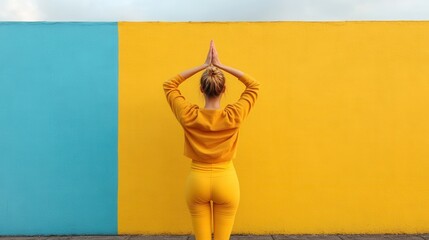 Fototapeta premium A woman gracefully practicing yoga poses against a vibrant, two-tone wall, embodying balance, focus, and self-awareness in a stylish and contemporary environment.