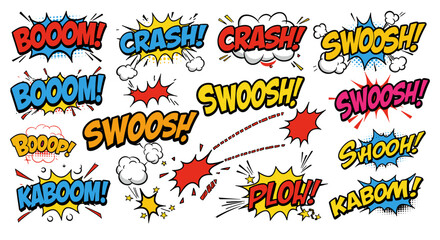 Vibrant comic book sound effects in pop art style for creative design projects vector illustration