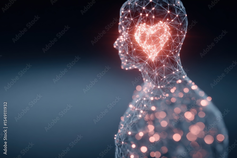 Poster digital portrait of a human figure with a glowing heart inside the head symbolizing love and emotion