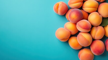 A colorful arrangement of fresh peaches on a vibrant turquoise background, highlighting the beauty of nature's bounty and summer's finest fruits.
