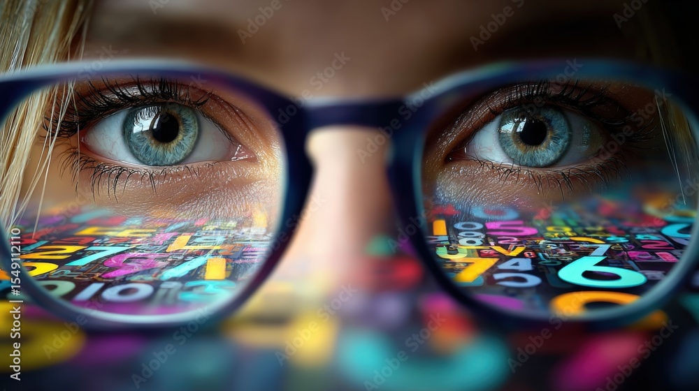 Poster close-up of a woman's face with glasses reflecting colorful digital numbers and data